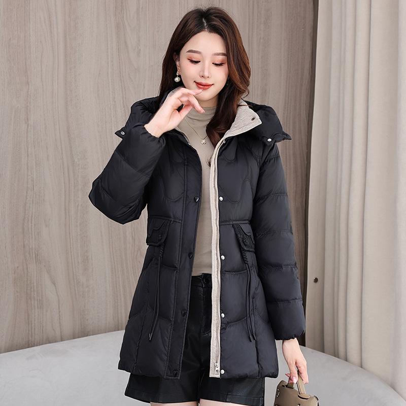 Women's Mid-Length Hooded Lace Pocket Down Jacket - 2025 Winter Slim Fit White Duck Down Coat