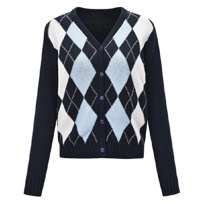 2024 Autumn Women's American Retro V-neck Diamond Pattern Cropped Knit Cardigan