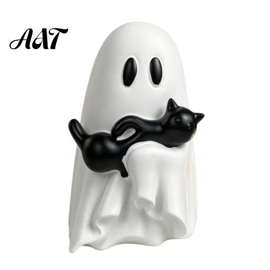 Small Ghost Holding Black Cat Statue Halloween Ornament, Hugging A Sculpture, Decorative Figurine for Holiday Parties Resin Unique Figurine,