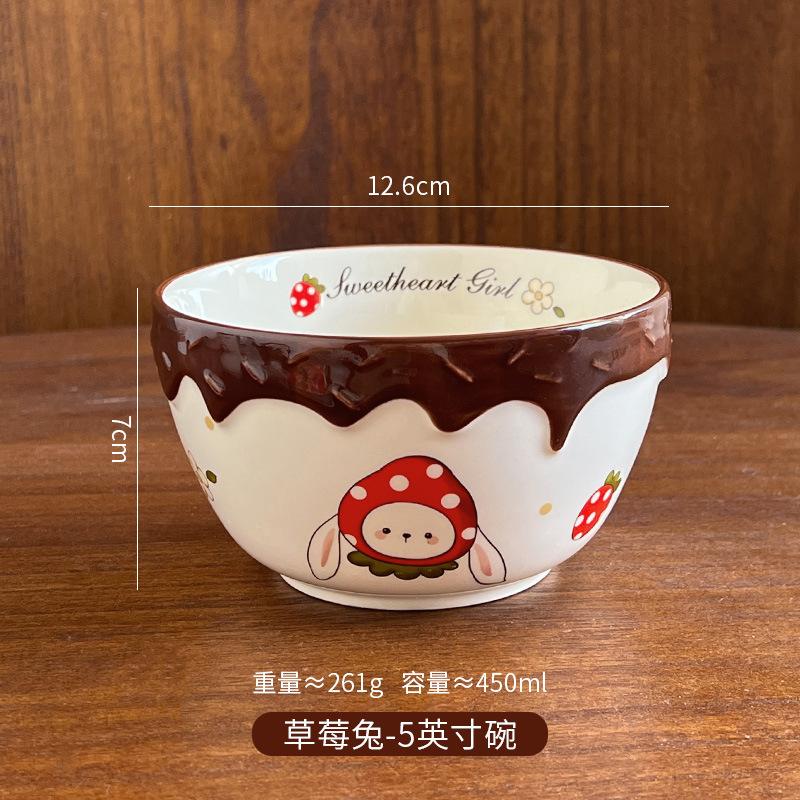 

Cartoon Strawberry Rabbit Cute Tableware Set Household Underglaze Ceramic Bowl High Value Sweetheart Plate Salad Bowl