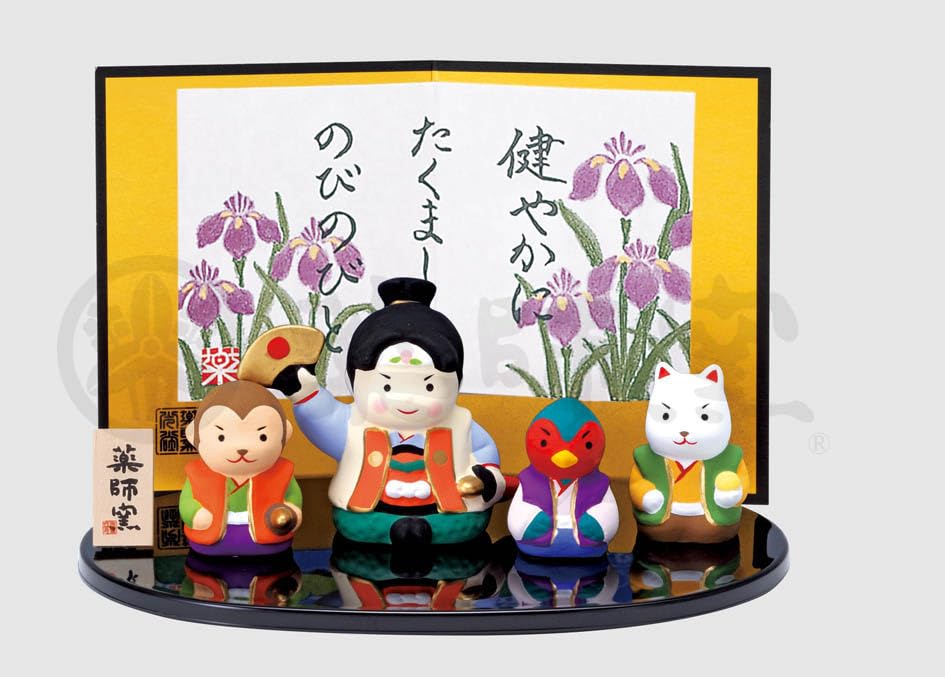 

Momotaro Decoration May Dolls for Day Nishiki-sai [(Momotaro) 4.5cm, (Dog) 3cm, (Monkey) 3cm, (Pheasant) 2.5cm] Boys
