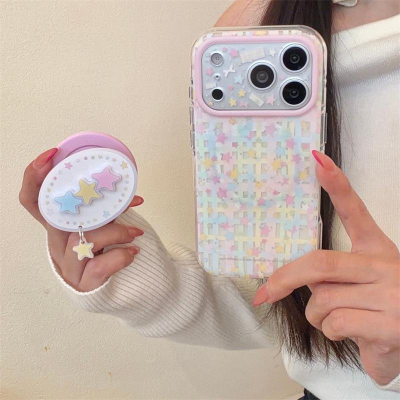 Korean-Style Colorful Plaid Star Magnetic Stand Case for iPhone 17 Pro Max/16 Pro/15 Pro