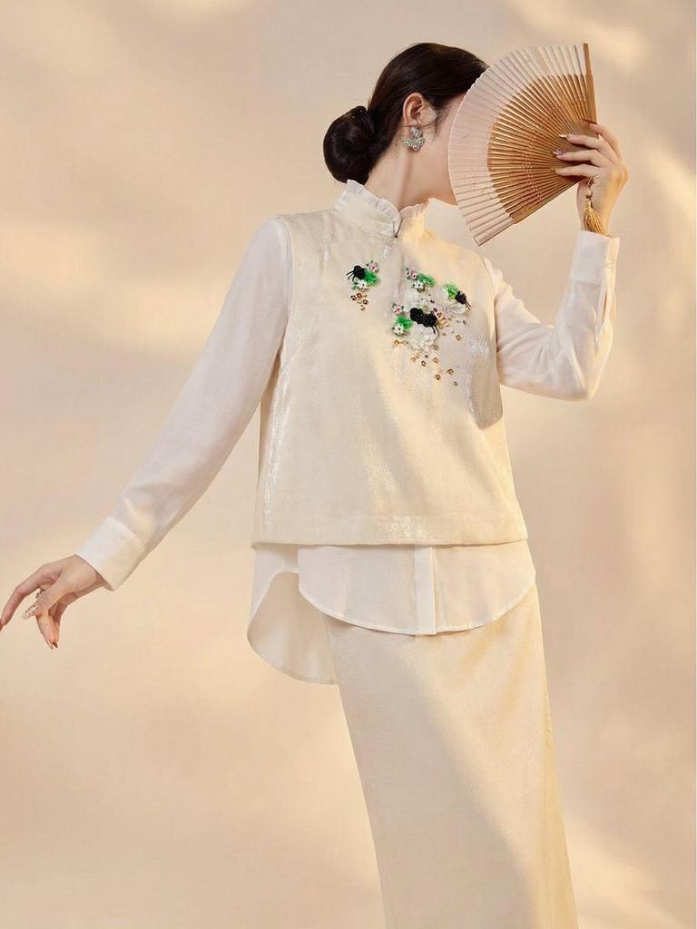 White Beaded Embroidery Vest with Stand-up Collar Shirt and Skirt - New Chinese Style Suit for Women, NZ019