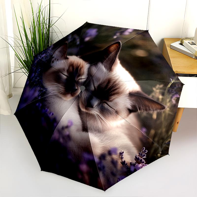 Two Siamese Cats pattern, automatic folding umbrella, portable and foldable design, 8 ribs, a Christmas or birthday gift.