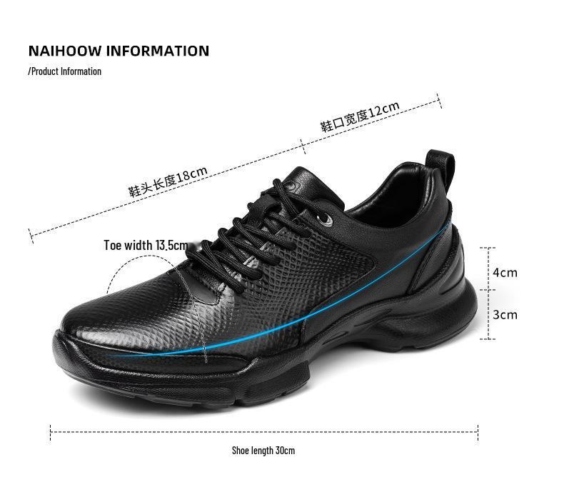 Men's 8CM Height Increase Casual Breathable Non-slip Leather Running Shoes, Thick Sole, Solid Color.