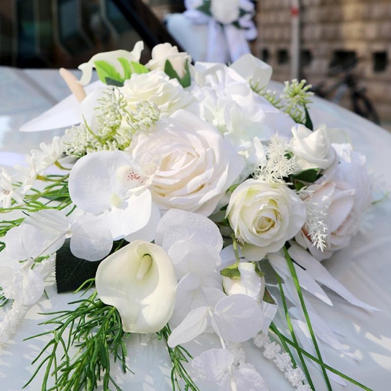 Wedding Car Decoration 7Pieces Set with Realistic Artificial Flower for Car Decors included Rearview Mirror and Doorknob