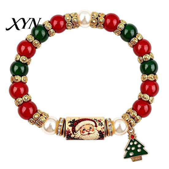 Seasonal Beaded Wristband Set Christmas Bracelet, Elastic Stretch Bracelet with Xmas Gifts for Sister Friend Tree Charm, Holiday Jewelry Women