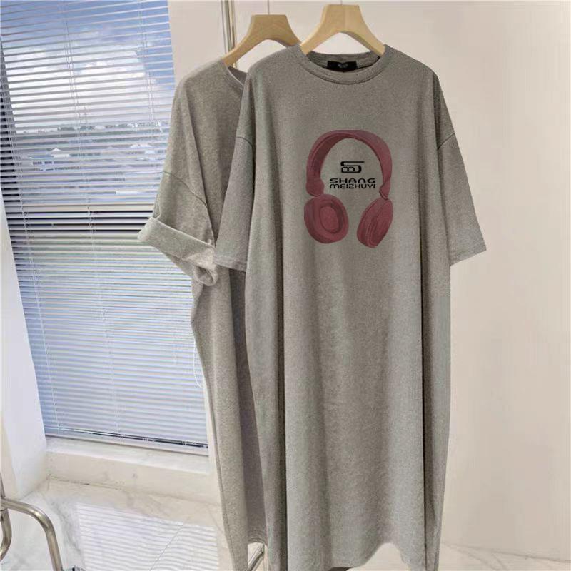 Średnia i Długa Czarna Bawełniana Sukienka z Krótkim Rękawem do Kolan dla Kobiet Letnia Najnowszy Zagraniczny Styl Wygodny Krój Spódnica T-shirt z Rozcięciami