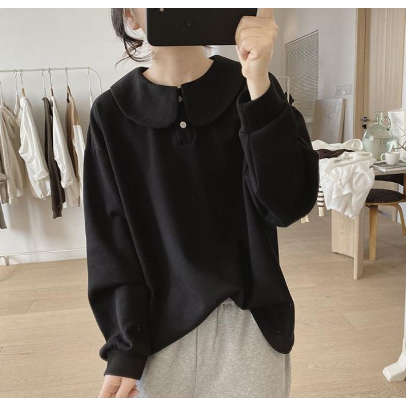 Baby Doll Collar Sweatshirt Jacket Women's New Autumn Loose French Solid Color Button Stitching Versatile Pullover Top