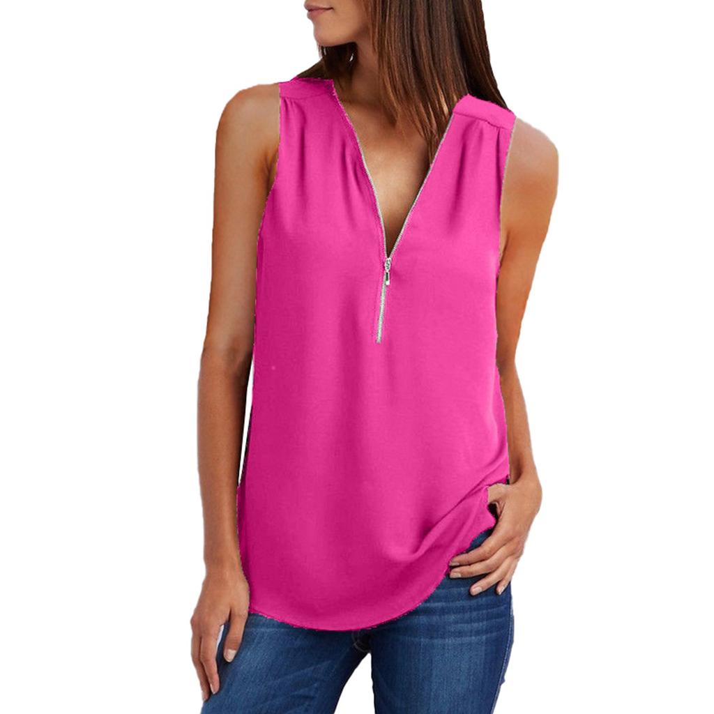 Women‘s Zipper V-Neck Sleeveless Casual Solid Tops  Blouse Loose Vest T-Shirts