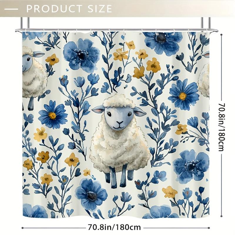 1Pc Sheep & Floral Shower Curtain - Cartoon Design, 71X71 Inch, Polyester, 12 Hooks, Hand Wash, Summer Decor