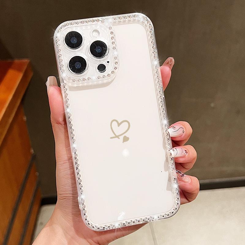 For iPhone 16 Pro Max 16E 15 Pro 14 13 12 11 Case Shell Diamond Frame Love Heart Pattern Shockproof Soft Silicone Clear Anti-Fall Phone Cover
