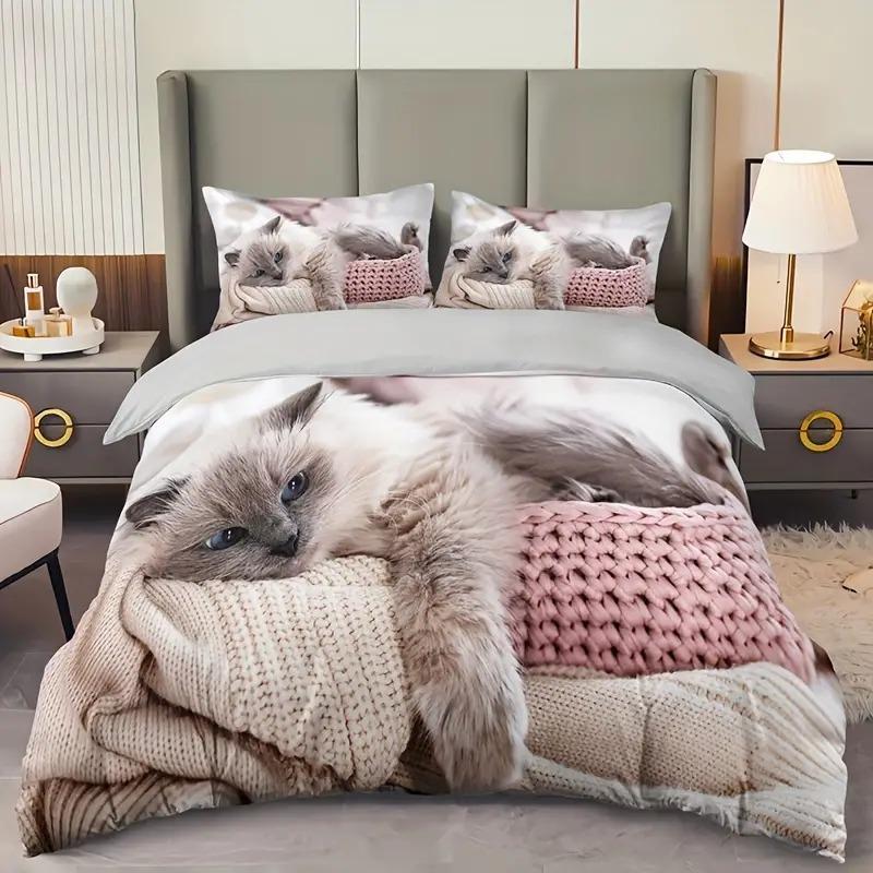 Comfortable Cat Three-Piece Bedding, Soft And Breathable Animal Pattern Duvet Cover Decoration For All Seasons