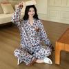 [Leopard print] Autumn and winter new ice silk pajamas women's satin leopard print casual long-sleeved loose high-end loungewear