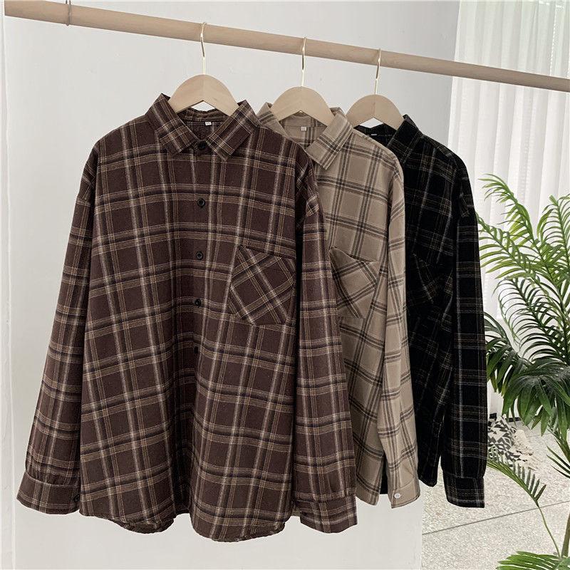 HNXC Plaid Shirt for Women, Long-sleeved, Retro, Loose, Large-sized, Spring Outerwear for Students