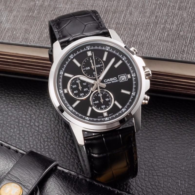 Casio Dress Three Eye Design Waterproof Pointer Simple Quartz Movement Leather Strap Men Watches Black MTH-5001L-1APR