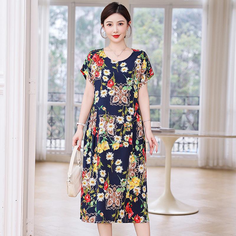 New cotton and silk dress summer large size loose fat mother covering belly and looking thin casual floral long skirt