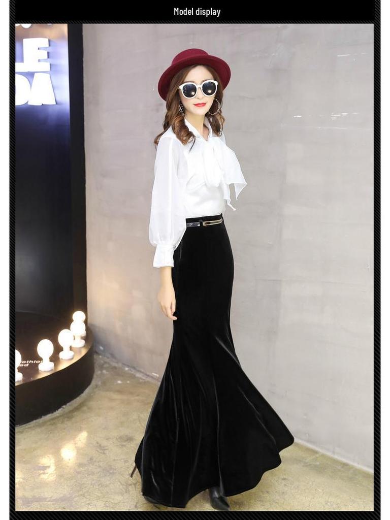 2025 Guld Sammet Fisksvans Volang Lång A-linje Kroppsnära Kjol för Höst/Vinter