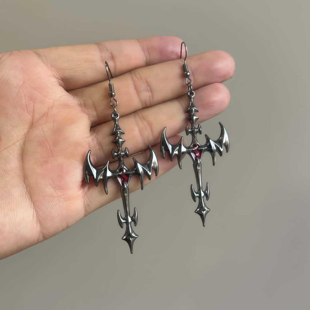 Punk Personality Silver Color Bat Wings Thorn Cross Dangle Earrings for Men Women Gothic Halloween Party Vampire Jewelry Gifts