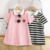 Children's Dress Girls' Summer Korean Edition Striped Strawberry Lapel Casual Dresses