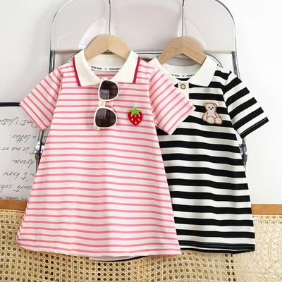 Kinderkleid Mädchen Sommer Koreanische Edition Gestreift Erdbeere Kragen Lässige Kleider