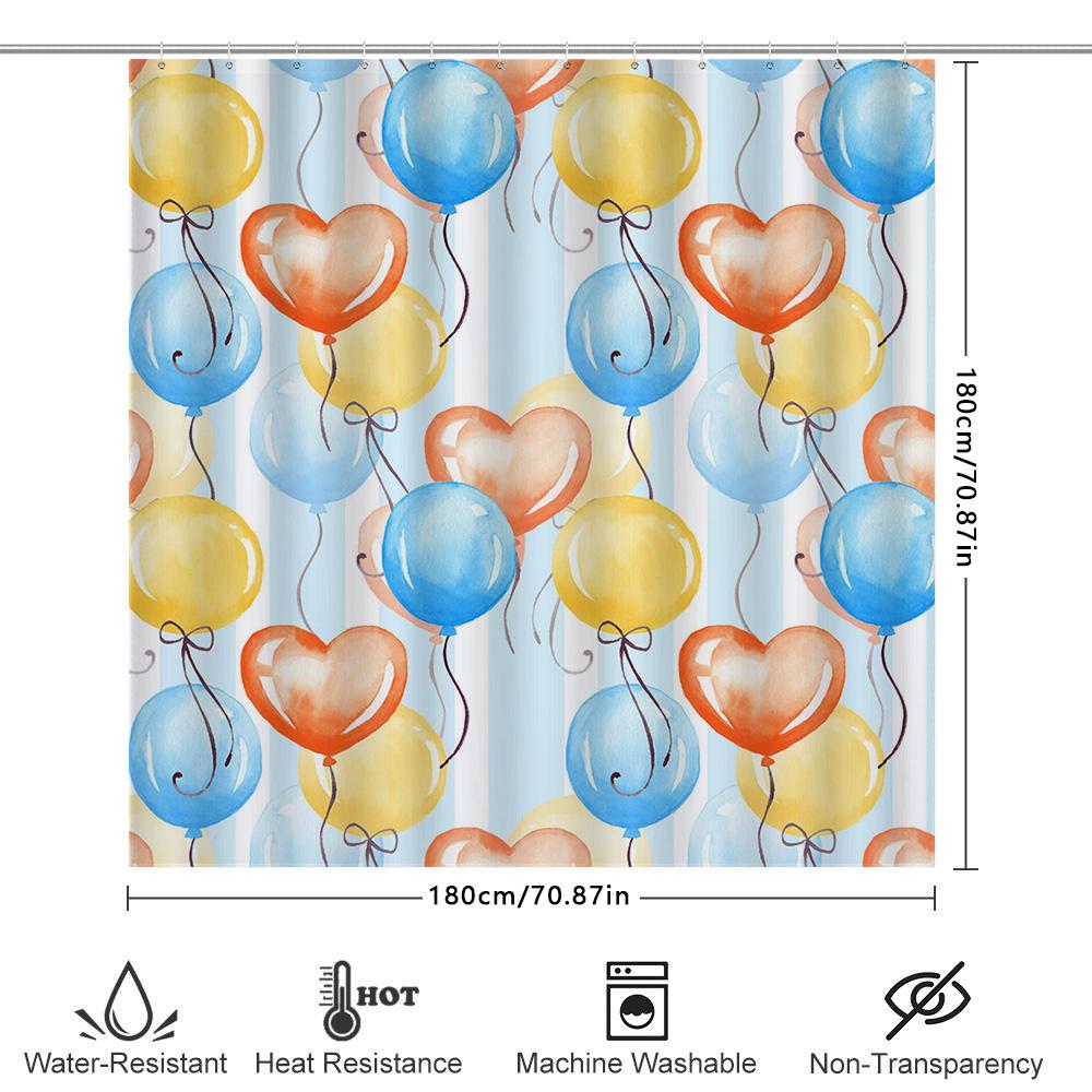 Aquarell Ballon Duschvorhang Blau Gelb Rot Heißluft Herzform Dekorativ Badewanne Stoffbänder Wasserdicht Zuhause Badzubehör