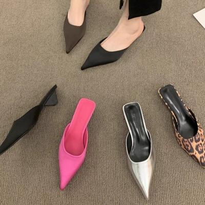 New Fashion Pointed Toe Women Mules Slipper Fashion Candy Color Ladies Elegant Dress Sandal Square Low Heel Slip On Slides Shoes