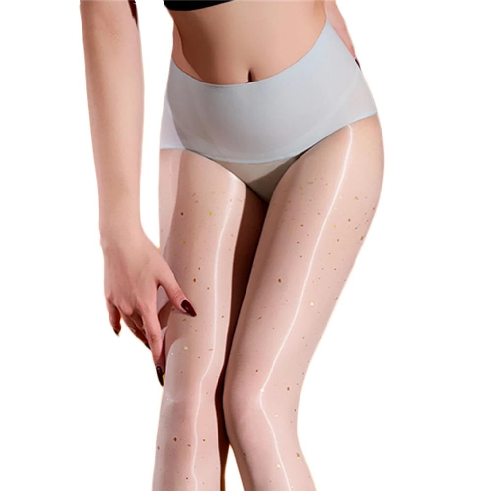 Women'S Fashion Gold Foil Printing Seamless Pantyhose Sexy 360 Oil Shiny Glossy Tights Woman See Through Sheer Elastic Stocking
