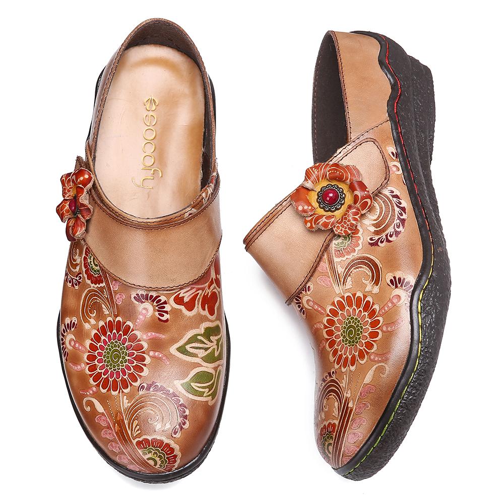 women retro leather painted embossed floral soft footbed orthopedic shoes
