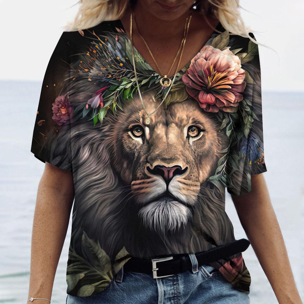 2025 New Fashion Women's Short Sleeved T-shirt Rest Loose Tee Personalized Printed Summer V-Neck Top