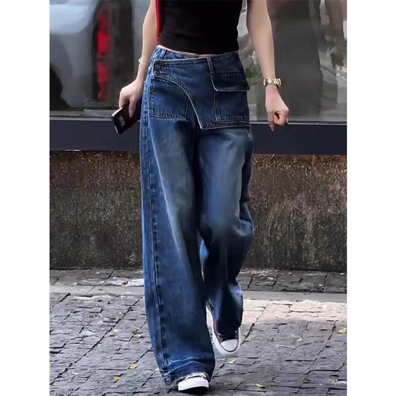 

Large Size Retro Jeans Women s Slim High-waisted Trousers Design Sense Fake Two-piece Wide-leg Trousers Trendy Women s Dark Wash Wide-leg Jeans S синий