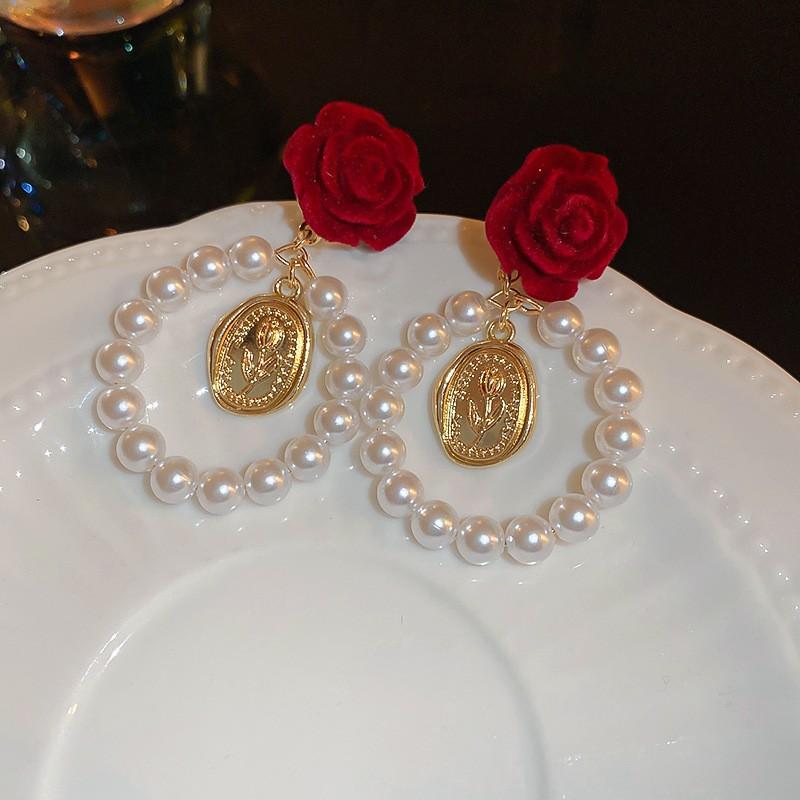 New Year's red flower flocking stud earrings women's niche earrings versatile earrings autumn and winter