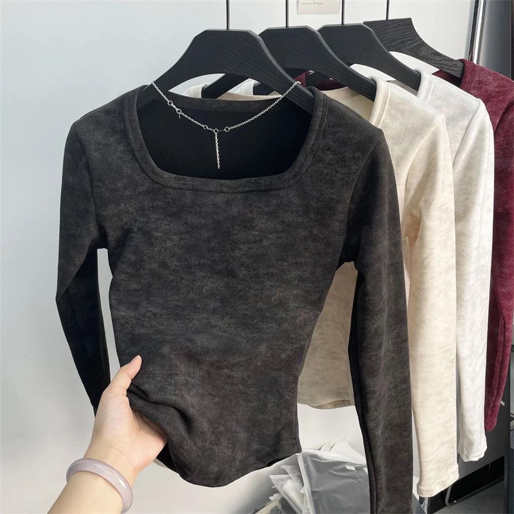 Women's French Square Neck Tie-Dye Thermal Slim-Fit Long Sleeve Top - Autumn/Winter New Arrival