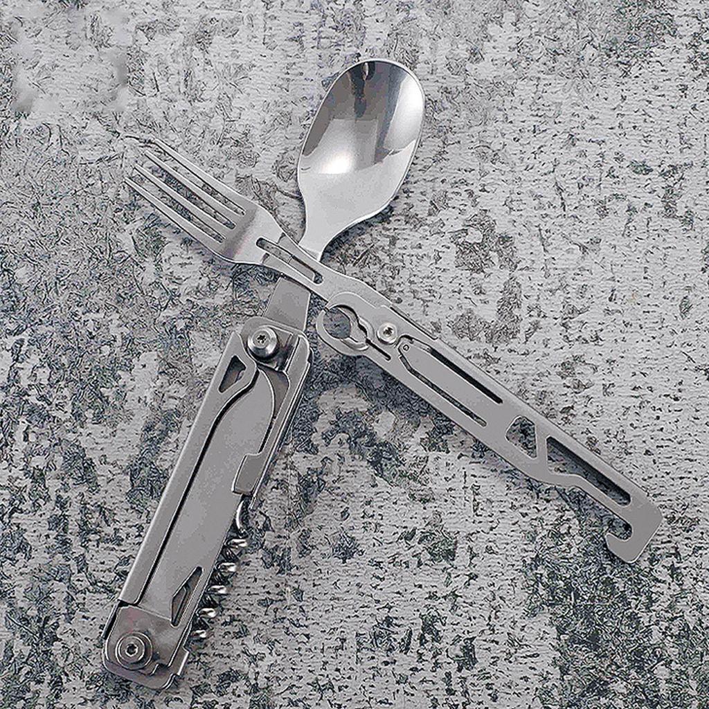 Kniv Sked Gaffel Flasköppnare Combo Rostfritt Stål Lätt att Rengöra Vikbar Campingbestick