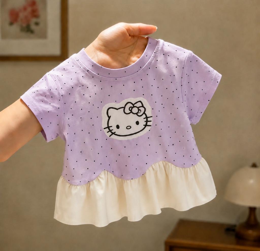 Girls Summer Short Sleeve T Shirt Cotton Polka Dot Applique Top