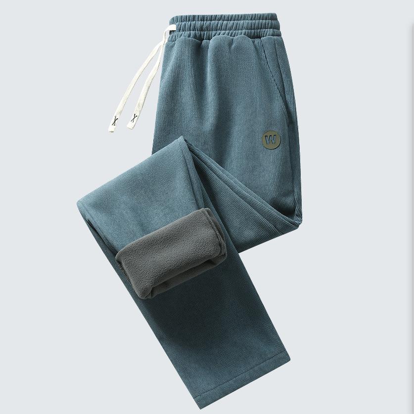 Men's Warm Corduroy Casual Pants With Fleece Lined Cargo Pants Drawstring Elastic Waist Sweatpants with Pockets Winter Straight Leg Trousers for Male