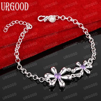 925 Sterling Silver Purple AAA Zircon Flowers Bracelet Charm Fashion Jewelry