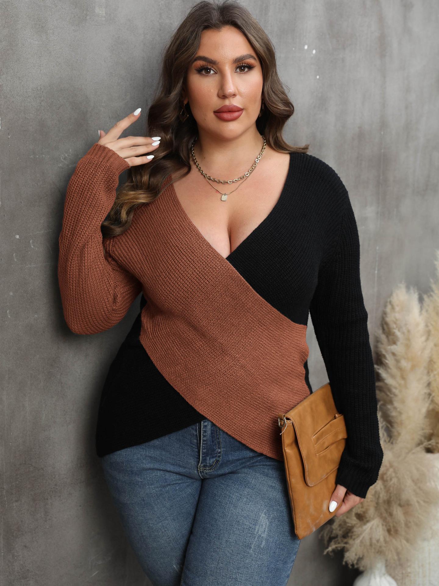 

2024 New Spring Sweaters Women V-neck Sexy Plus Size Cardigans Womens Patchwork Jumpers Female Stitch Tops Ladies Streetwear Pullovers Big Discount 3XL коричневий
