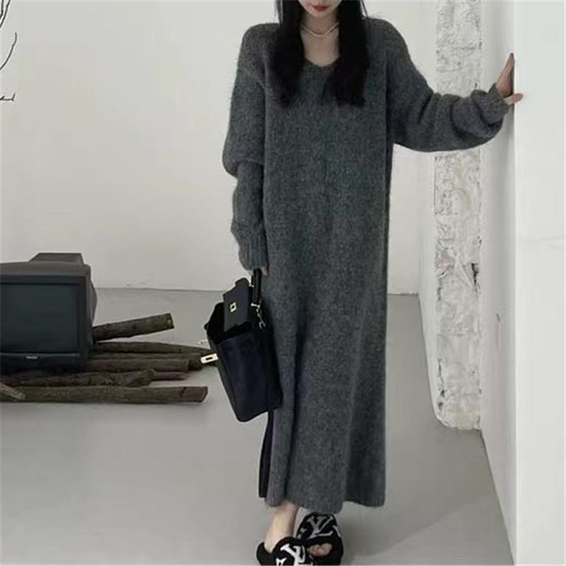 Simple and Versatile Knitted Dress for Women's Autumn and Winter New Loose and Lazy Style with Coat Backing Sweater Long Dress