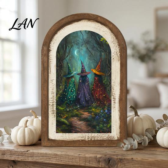 Halloween Entrance Cabinet Decor Ghost/Witch Arched Wall Decor, Cute Ghost Table Sign, Rustic Farmhouse Shelf Retro Room Decorative Hanging