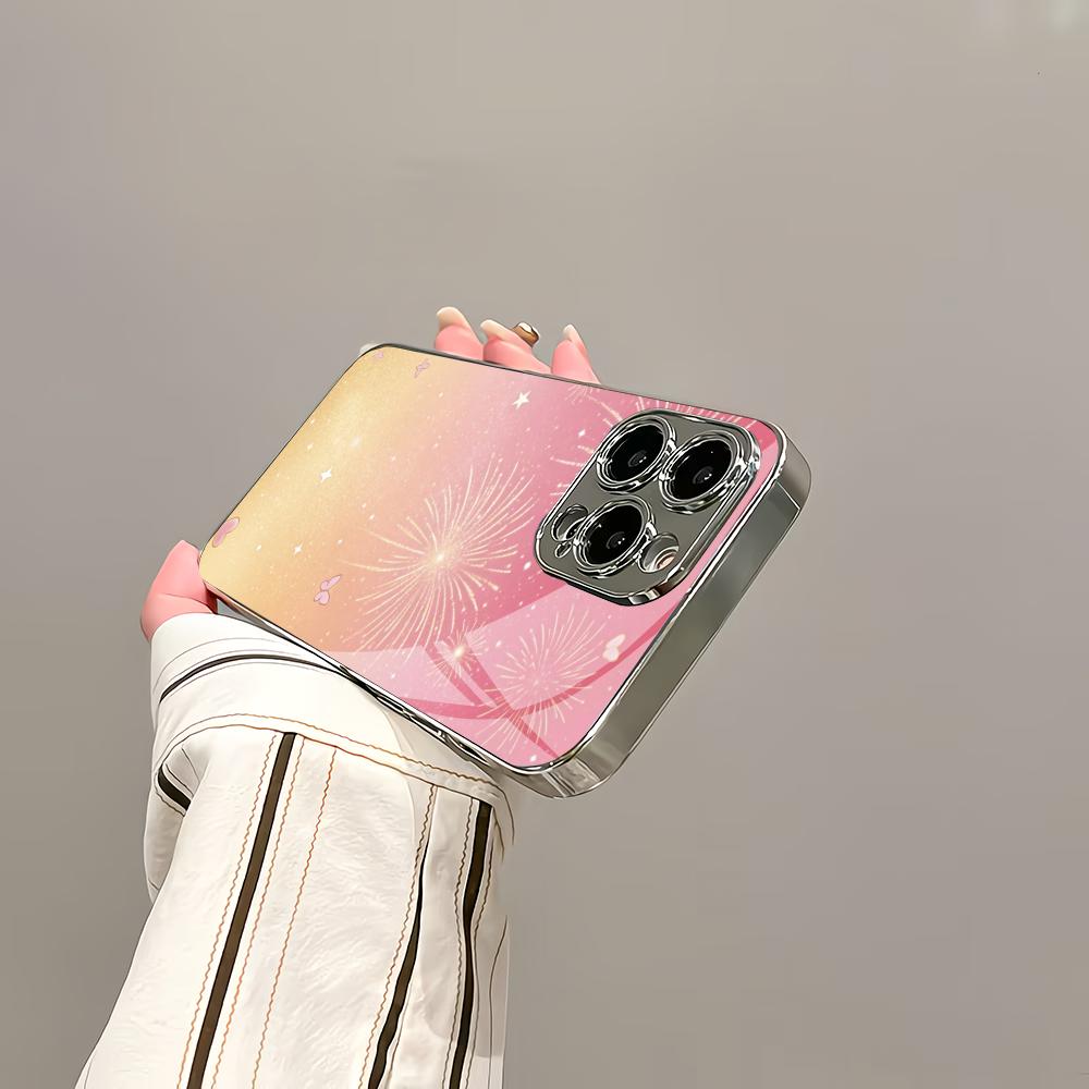 Pink glitter silver plated glass phone case suitable for iPhone 17 16 15 14 13 12 11 Pro/Max/Plus scratch resistant