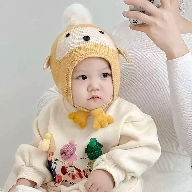 Warm Autumn Winter Kids Hat with Baby Penguin Cartoon Knitted Design