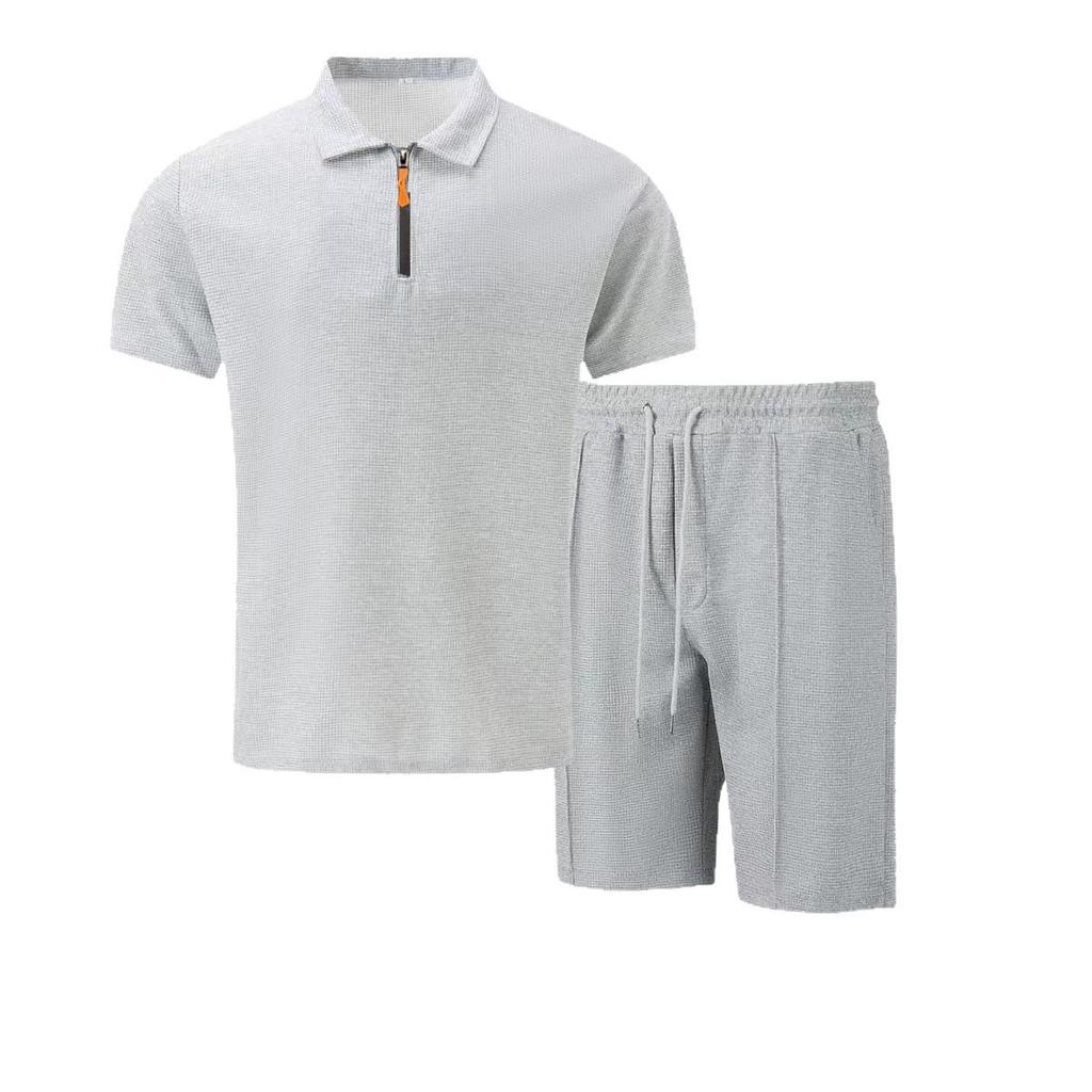 Men's Summer Waffle Knit Zipper Lapel Shorts & T-Shirt Set