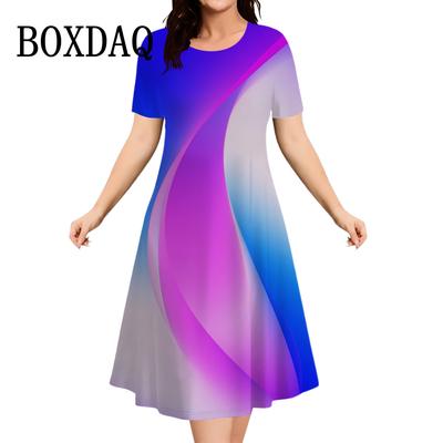 2025 Women Fashion Gradient Striped Print Summer Loose Elegant Ladies Clothing Casual Short Sleeve Party Dresses
