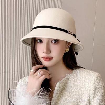Autumn and Winter with Bow Wool Woolen Basin Hat Bucket Hat Women's French Hepburn Style Casual Versatile Retro Top Hat
