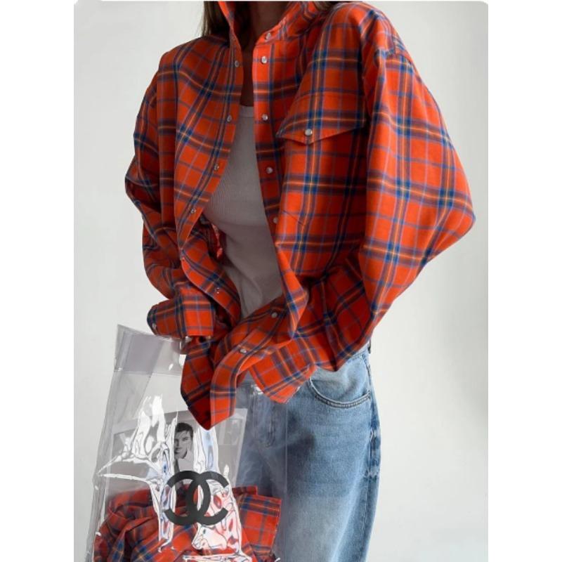 Camicie a Righe e a Quadri Morbide da Donna Stile Retrò Primavera/Autunno 2026 Collo a Revers a Quadri Manica Lunga Tasca Camicetta Casual Semplice Elegante Top Abbigliamento da Ufficio