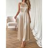 Women Champagne Solid Satin Beaded Halter Neck High Waist A Line Midi Dress