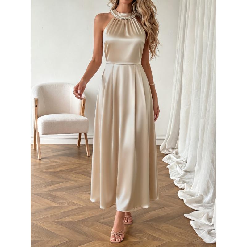 Women Champagne Solid Satin Beaded Halter Neck High Waist A Line Midi Dress