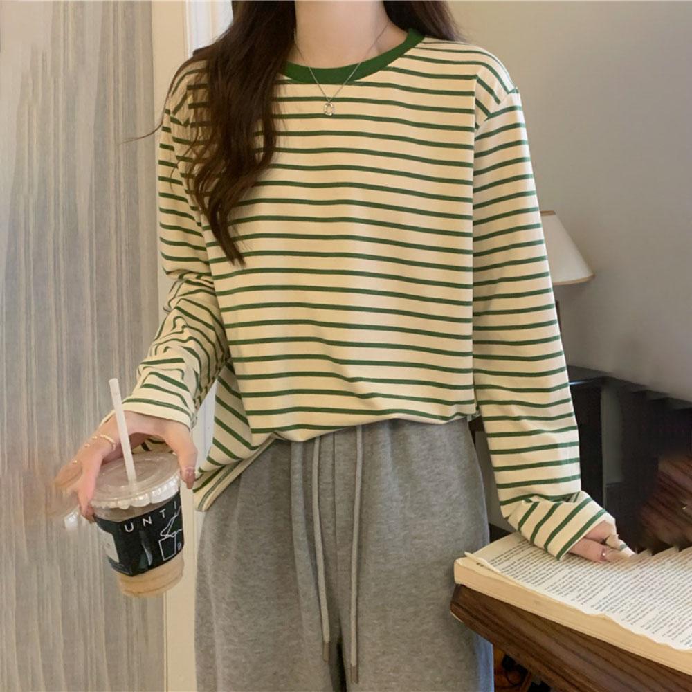 Round Neck Autumn Loose Striped Base Shirt With Inner Top For Women