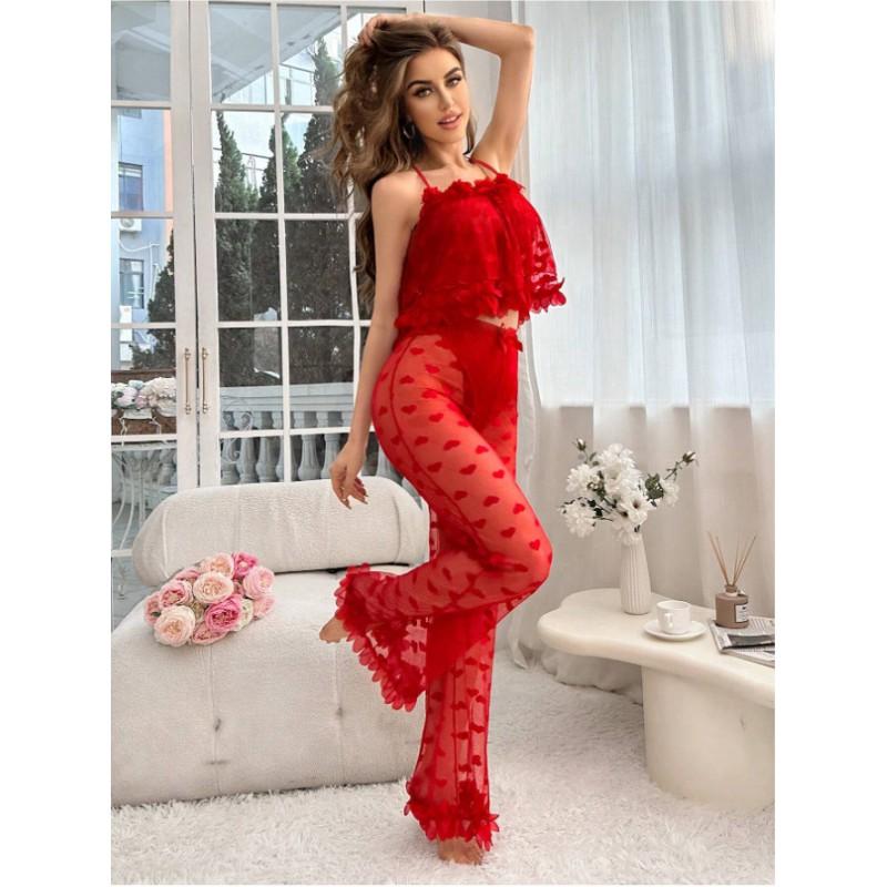 Womens Sheer Mesh Heart-Print Bodysuit With Matching Panty Set - Red S To XXL
